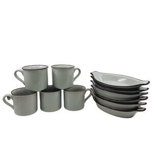 VTG Stoneware Set Cream Speckled 6 Bakers 5 Mugs Vintage Serveware Bakeware 11Pc